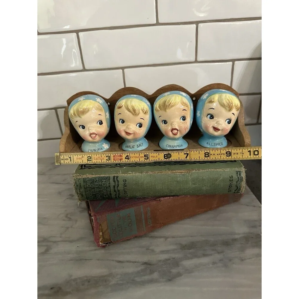 Vtg Napco Miss Cutie Pie Blue Spice Shaker Set Paprika Allspice Cinnamon Garlic